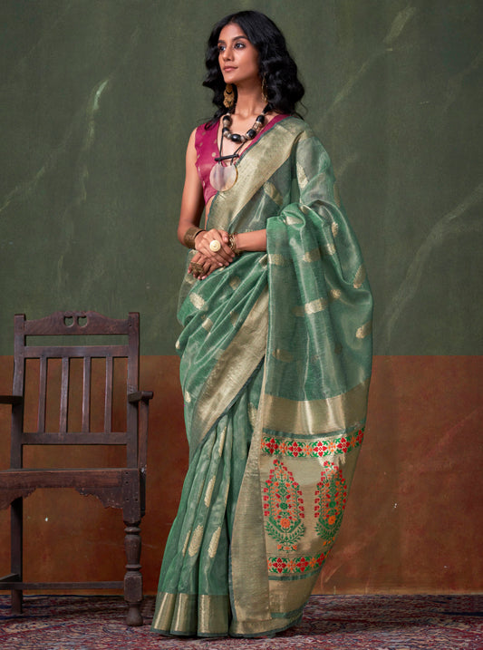 Sea Green Paithani Style Border Tissue Silk Saree with Fandango Purple Pretty Blouse