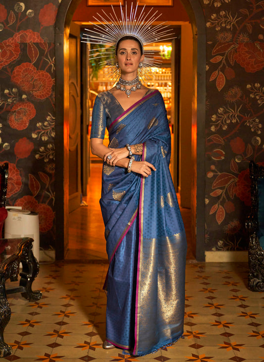 Sapphire Blue & Golden Border Banarasi Silk Saree with Designer Same Colored Blouse