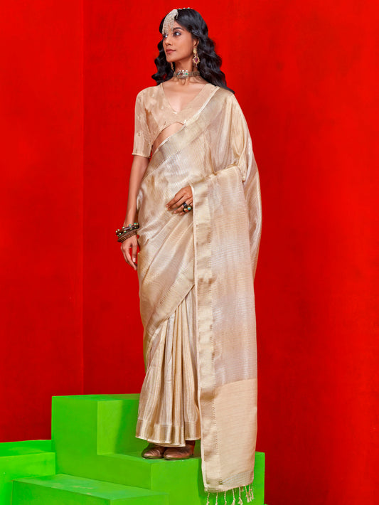 Vanila Cream Tissue Kanjeevaram Silk Saree with Designer Golden Blouse