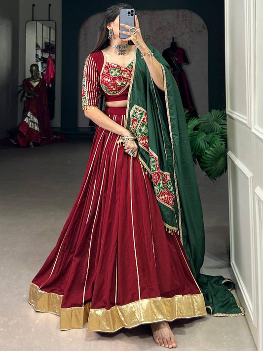 Maroon & Golden Border Designer Lahenga Choli For Woven with Dupatta and Blouse