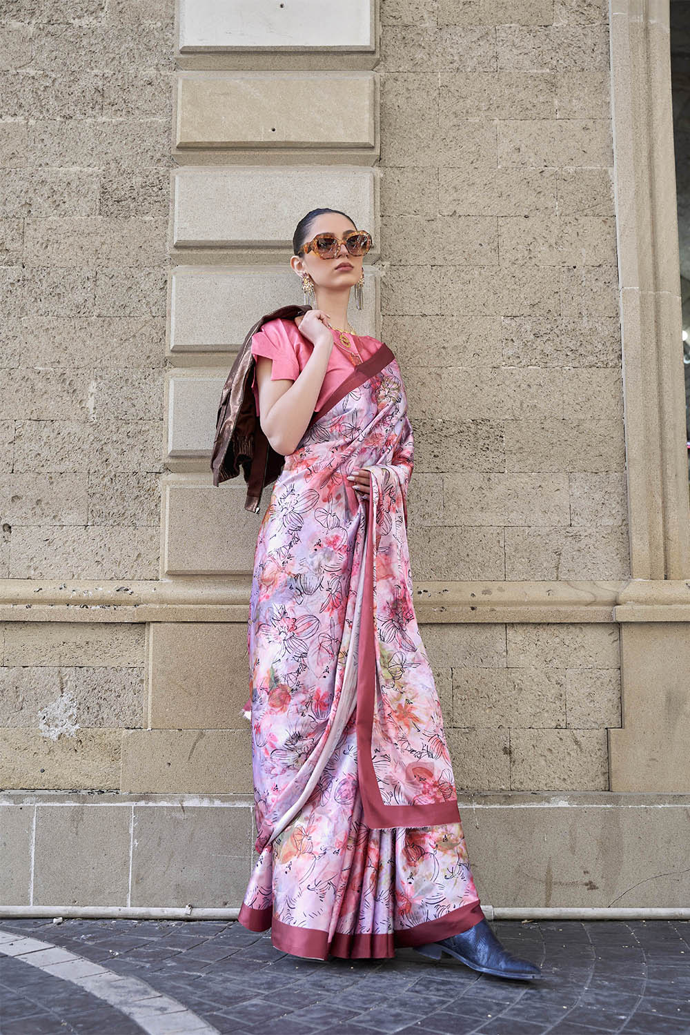 Pink & Multi-colored Printed Saree with Taffy Pink Designer Blouse
