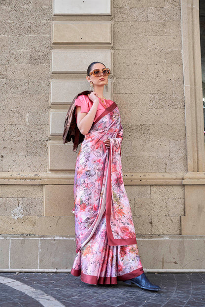 Pink & Multi-colored Printed Saree with Taffy Pink Designer Blouse