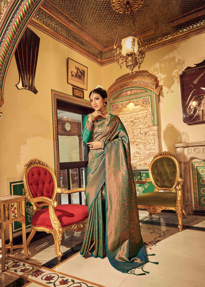 Sea Green & Golden Shade Kanjeevaram Silk Saree with Green Designer Blouse