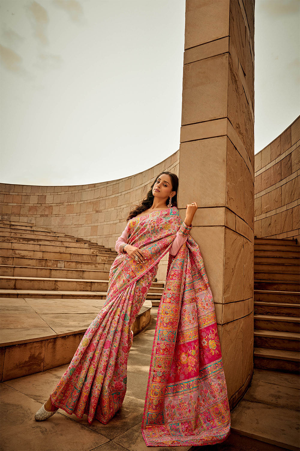 Taffy Pink & Multi-colored Kashmiri Silk Saree with Pink Fancy Blouse