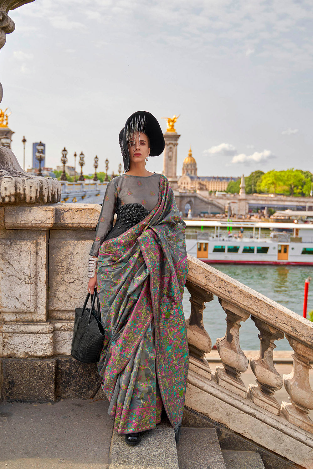 Seal Grey Floral Border Kashmiri Silk Saree with Same Colored Blouse