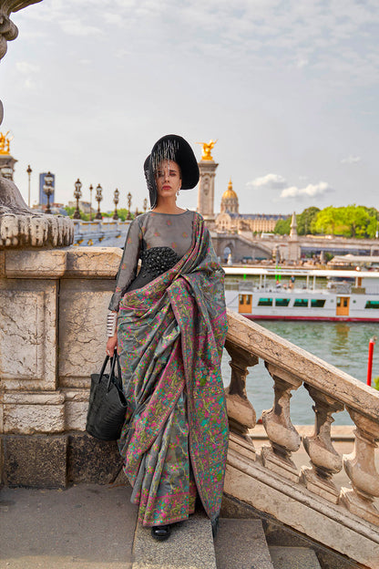 Seal Grey Floral Border Kashmiri Silk Saree with Same Colored Blouse