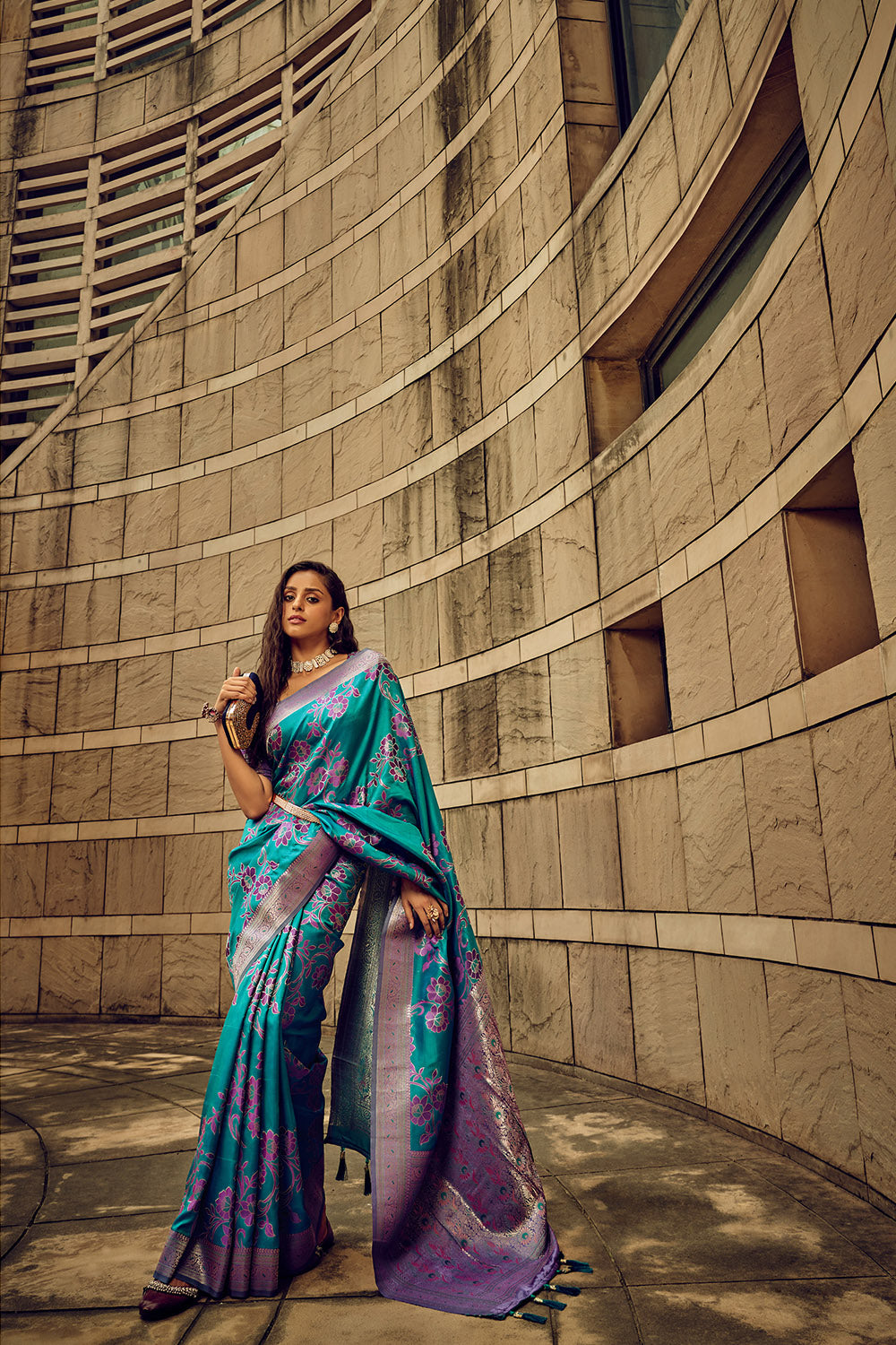 Pine Green & Purple Satin Saree with Purple Pretty Blouse