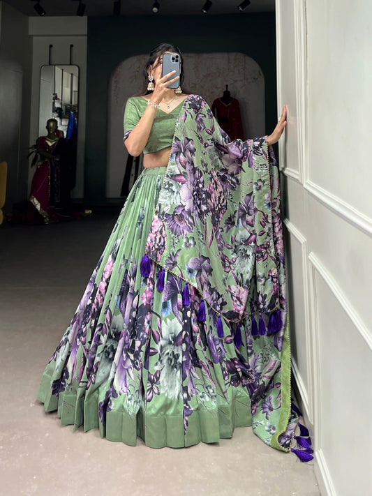 Floral Design Multi-colored Lehegas For Women with Fancy Blouse and Dupatta