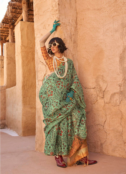 Jade Green Floral Organza Saree with Yellow Pretty Blouse