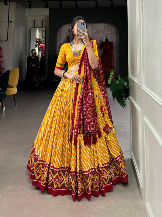 Tuscany Yellow Leheriya Style Lehengas with Blouse and Dupatta