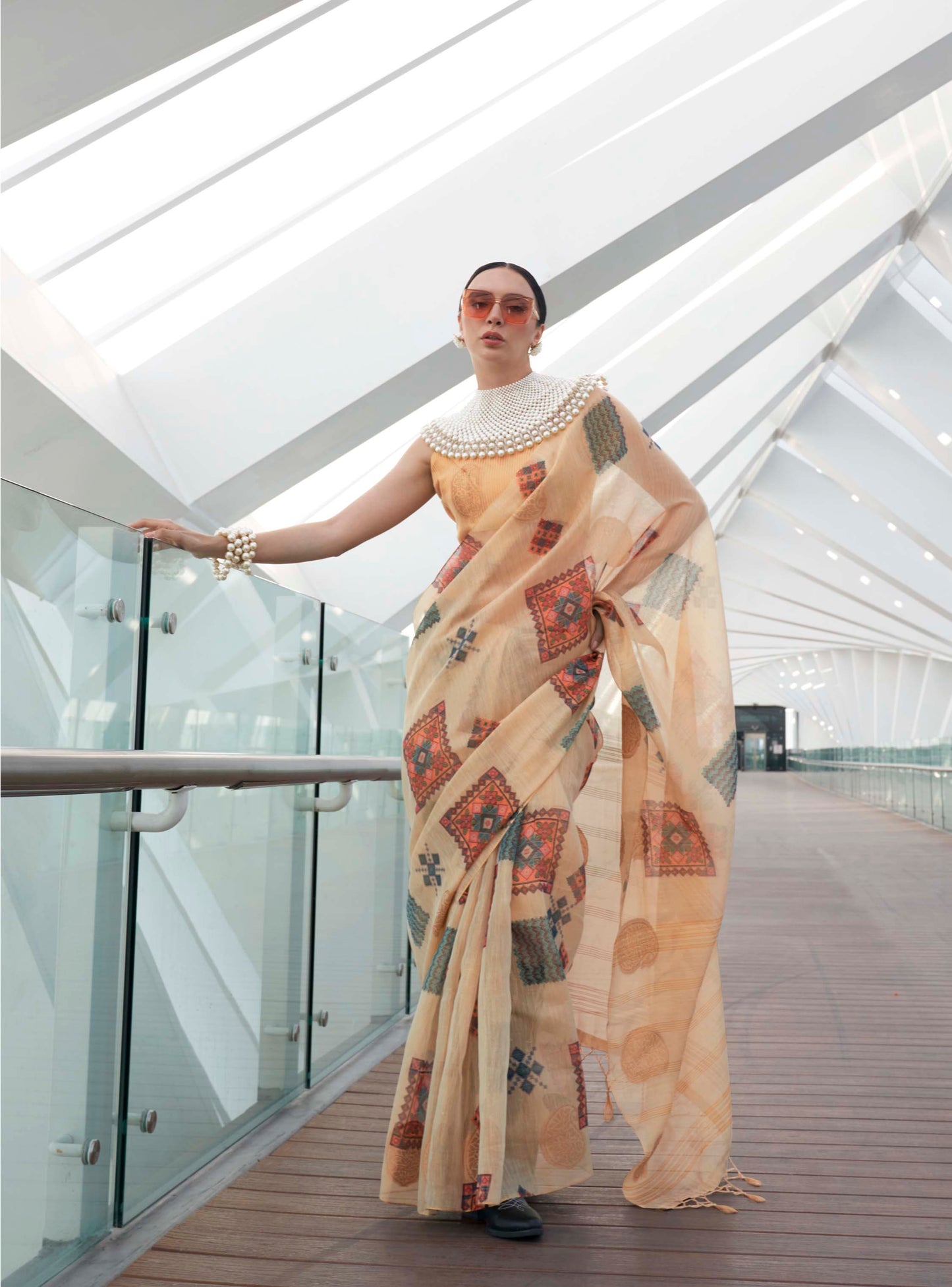 Cream & Golden Tissue Silk Saree with Contrast Same Colored Blouse