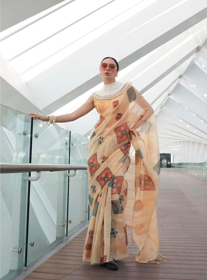 Cream & Golden Tissue Silk Saree with Contrast Same Colored Blouse