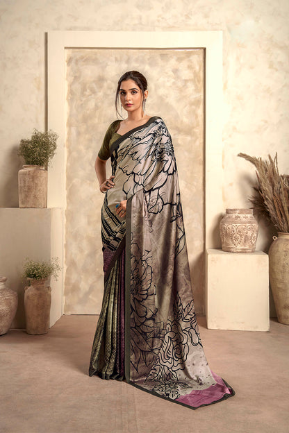 Mink Grey Printed Saree with Army Green Fancy Blouse