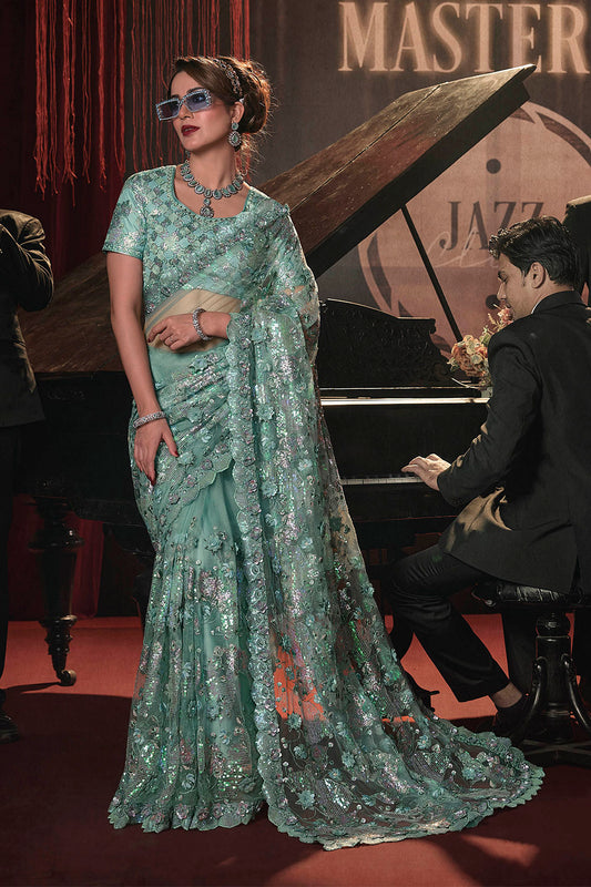 Silver Blue Party Wear Saree with Designer Border & Intricate Pretty Blouse