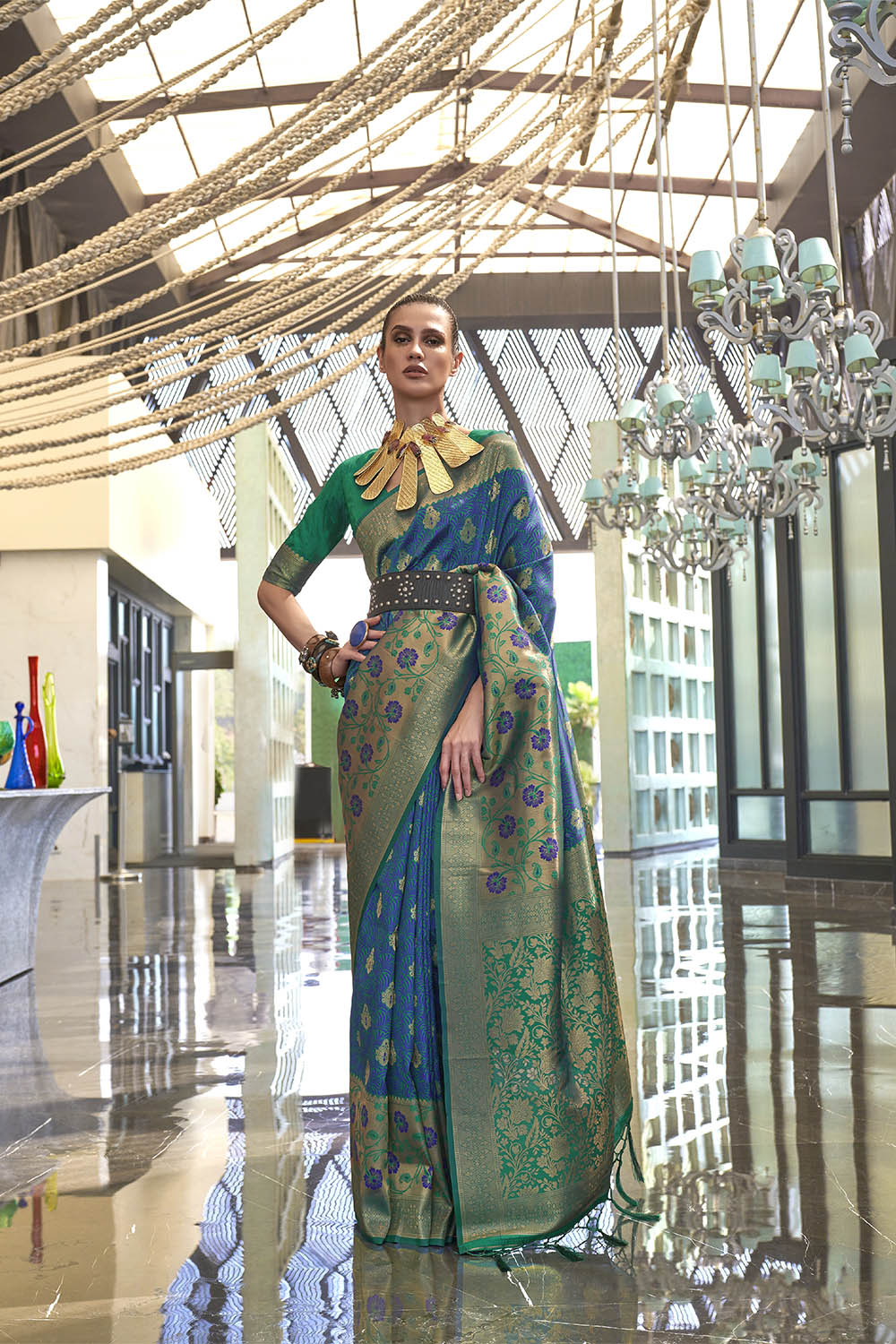 Olympic Blue & Green Shade Banarasi Silk Saree with Green Fancy Blouse