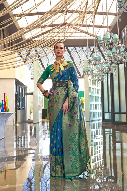 Olympic Blue & Green Shade Banarasi Silk Saree with Green Fancy Blouse