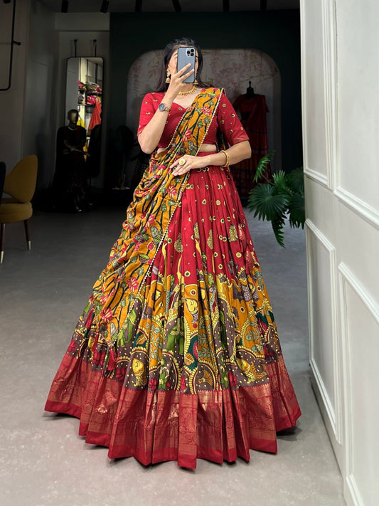 Red & Yellow Floral Heavy Lehenga Choli For Women with Designer Dupatta
