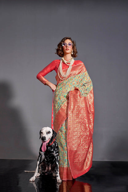 Sage Green Kashmiri Silk Saree with Hot Pink Pretty Blouse
