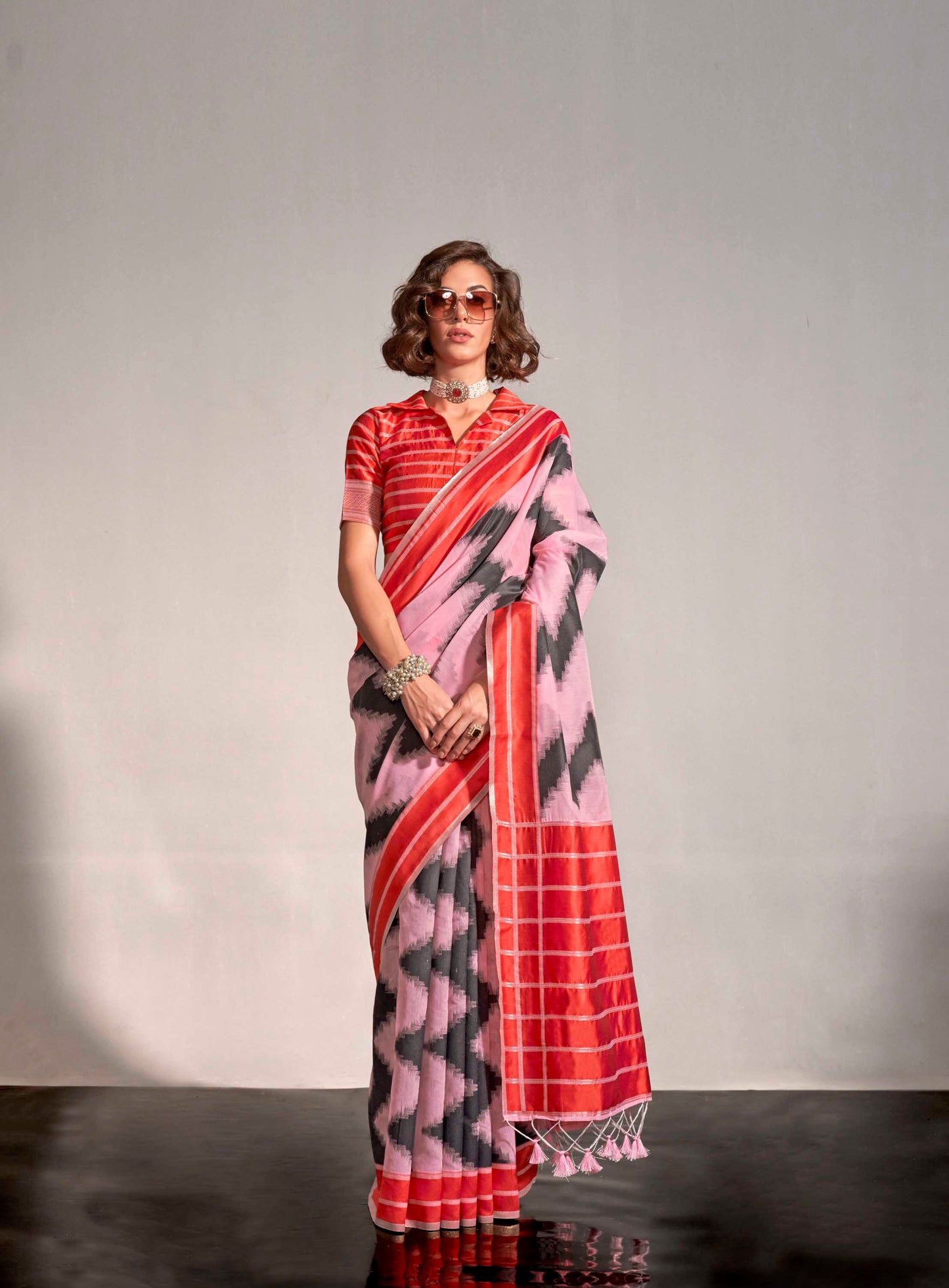 Taffy Pink & Red Designer Saree with Pretty Red Blouse