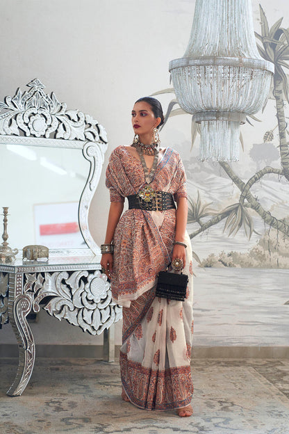 White & Multi-colored Designer Border Kashmiri Saree with Fancy Blouse