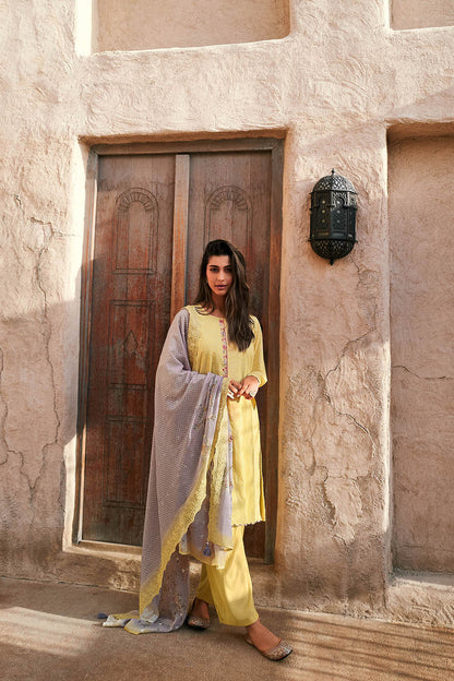 Flax Yellow Bandhany Style Slawar Suit with Purple Designer Dupatta and Pant