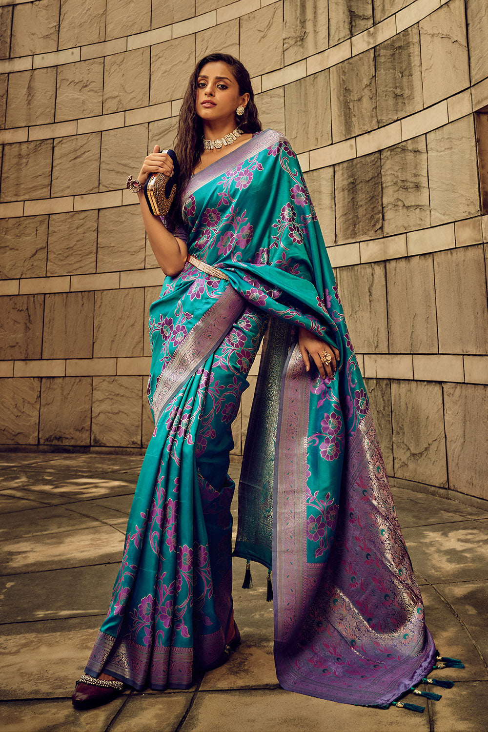 Pine Green & Purple Satin Saree with Purple Pretty Blouse