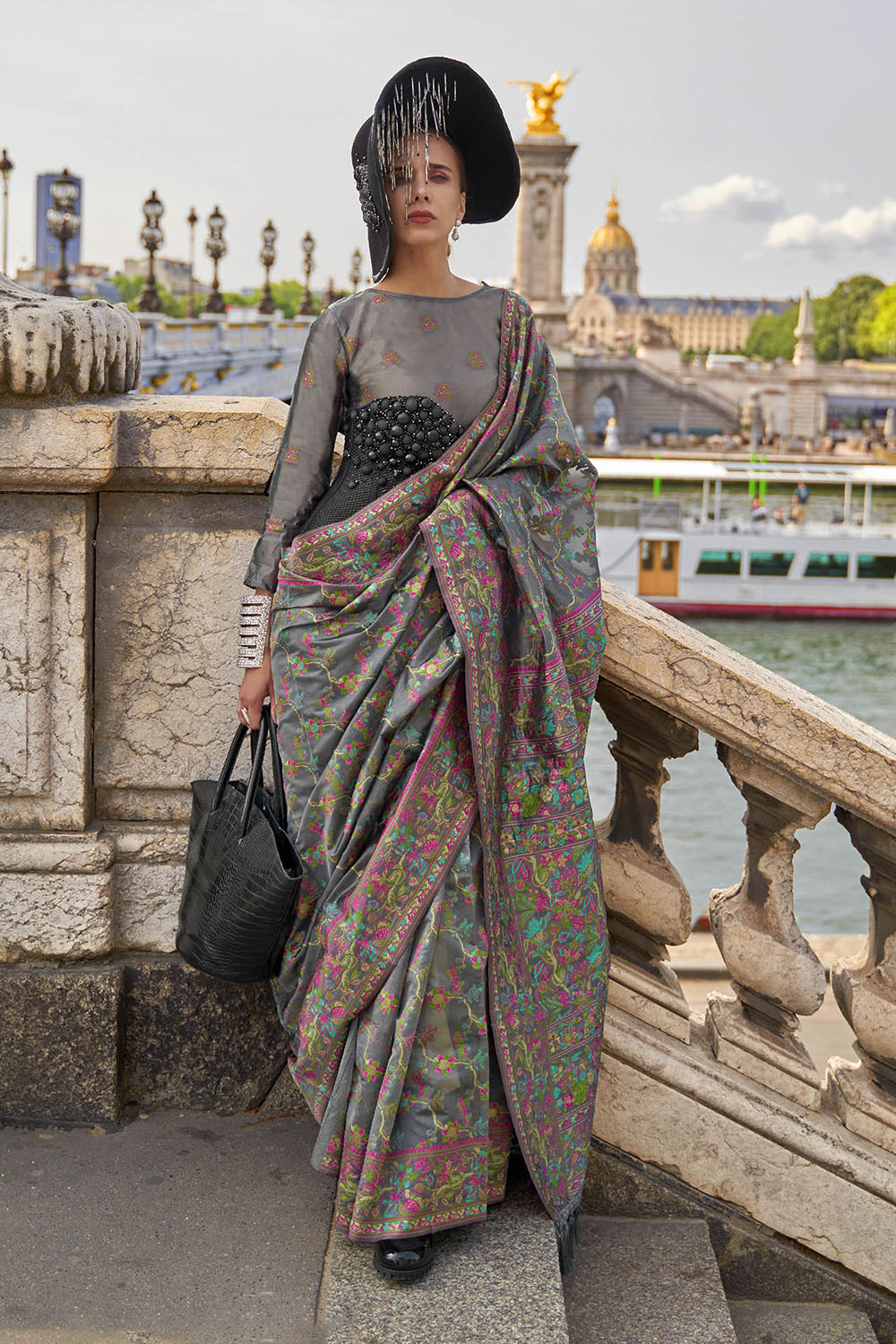 Seal Grey Floral Border Kashmiri Silk Saree with Same Colored Blouse