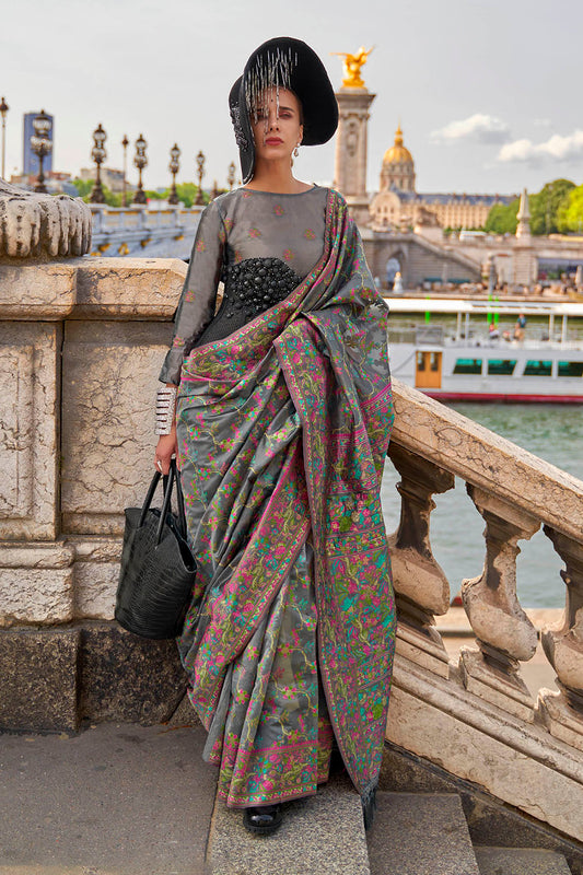 Seal Grey Floral Border Kashmiri Silk Saree with Same Colored Blouse