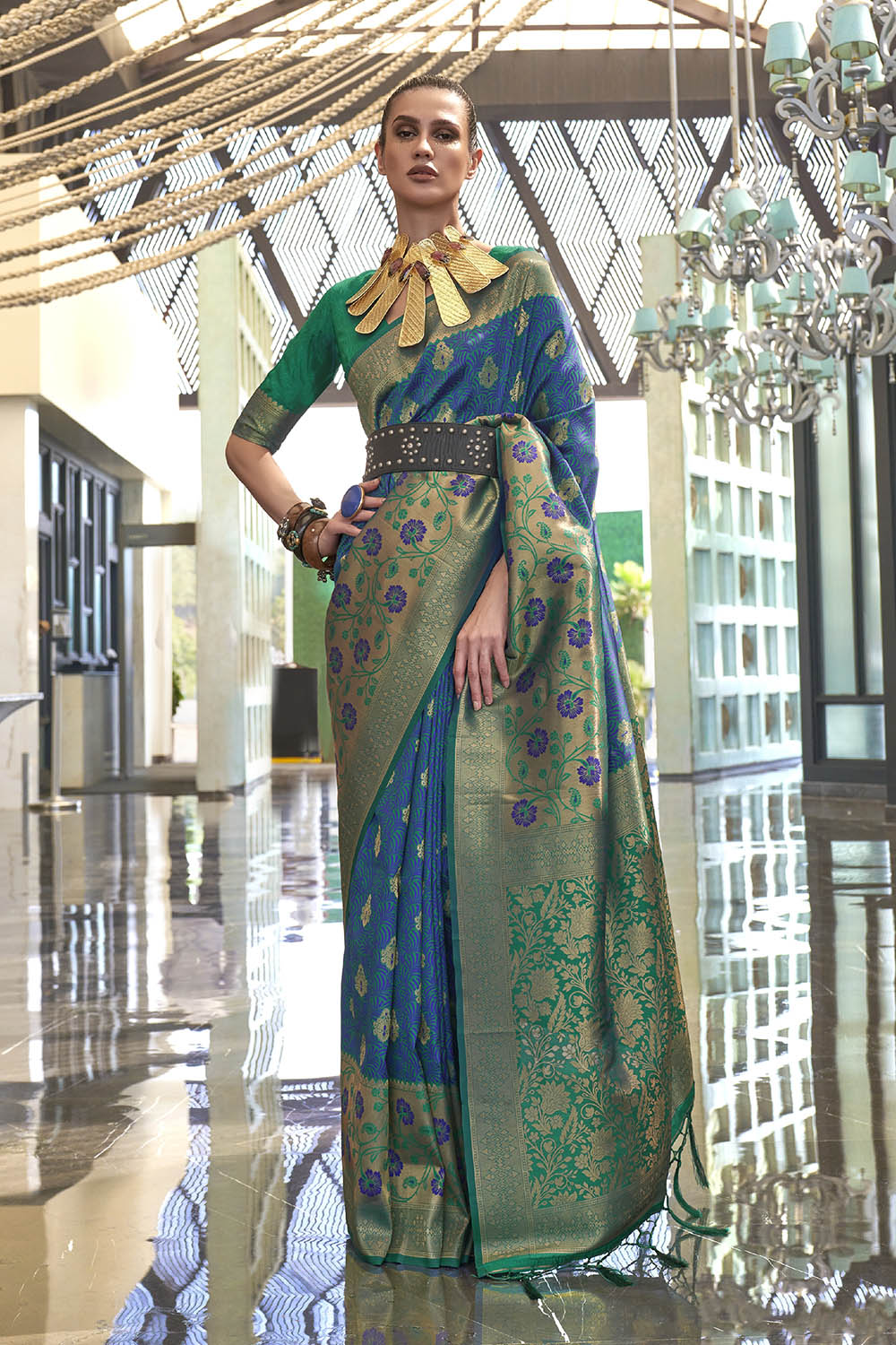 Olympic Blue & Green Shade Banarasi Silk Saree with Green Fancy Blouse