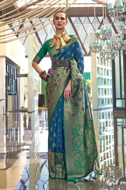 Olympic Blue & Green Shade Banarasi Silk Saree with Green Fancy Blouse