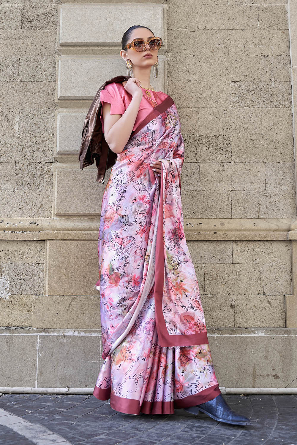 Pink & Multi-colored Printed Saree with Taffy Pink Designer Blouse