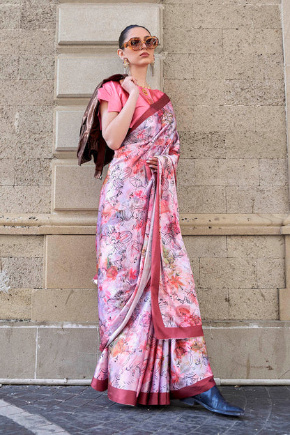 Pink & Multi-colored Printed Saree with Taffy Pink Designer Blouse