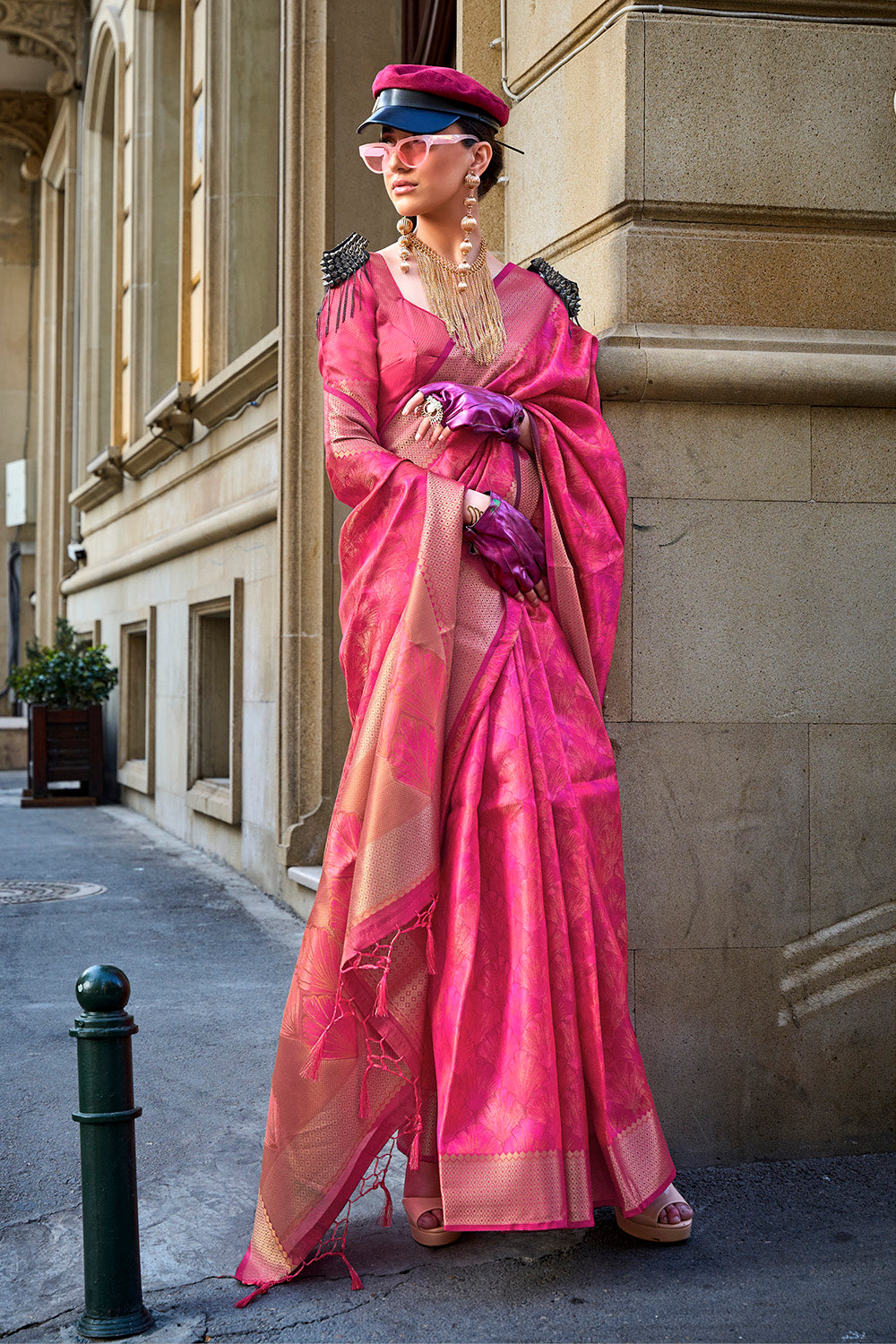 Ruby Pink & Golden Border Banarasi Silk Saree with Contrast Pink Designer Blouse