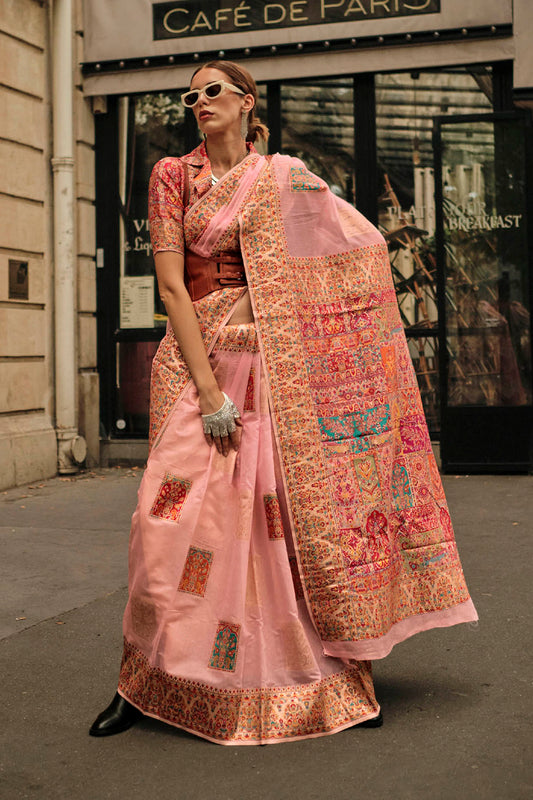 Coral Pink Kashmiri Silk Saree with Fancy Same Colored Blouse