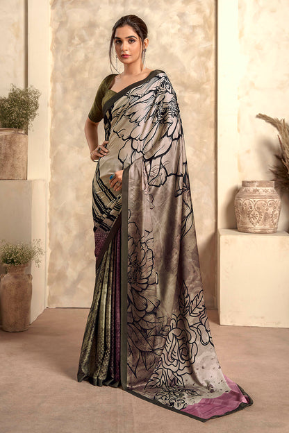 Mink Grey Printed Saree with Army Green Fancy Blouse