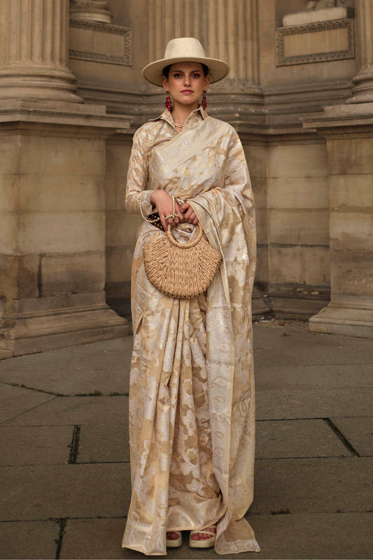 Cream & Golden Border Lucknowi Chikan Kari Saree with Fancy Blouse