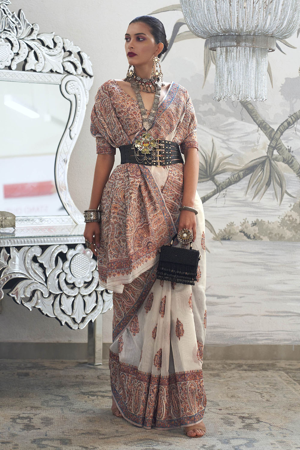 White & Multi-colored Designer Border Kashmiri Saree with Fancy Blouse