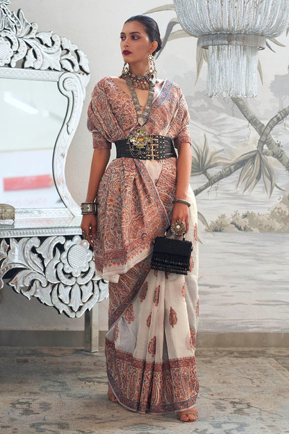 White & Multi-colored Designer Border Kashmiri Saree with Fancy Blouse