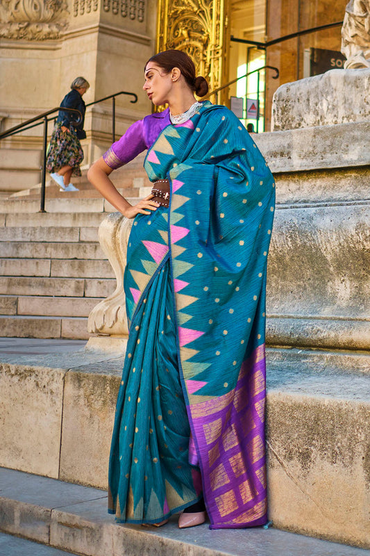Sapphire Blue Banarasi Silk Saree with Lollipop Purple Pretty Blouse