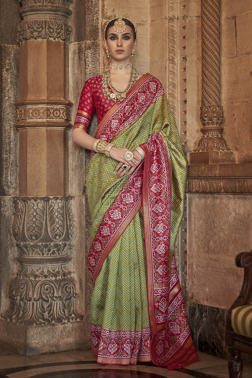 Kelly Green & Carmine Red Border Patola Saree with Red Blouse