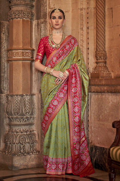 Kelly Green & Carmine Red Border Patola Saree with Red Blouse
