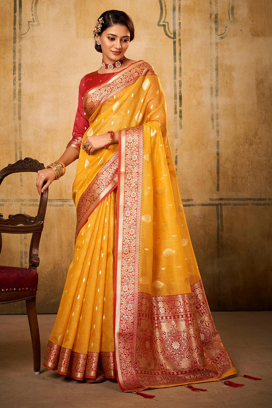 Tuscany Yellow & Red Border Banarasi Silk Saree with Red Pretty Blouse
