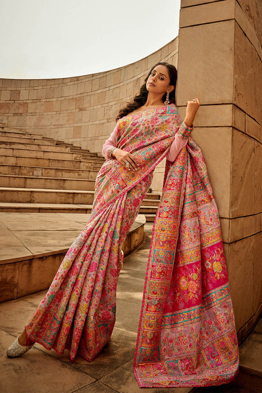 Taffy Pink & Multi-colored Kashmiri Silk Saree with Pink Fancy Blouse