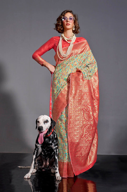 Sage Green Kashmiri Silk Saree with Hot Pink Pretty Blouse