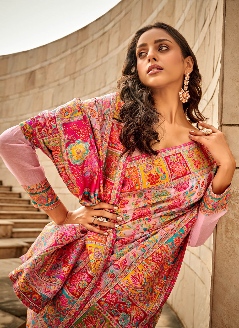 Taffy Pink & Multi-colored Kashmiri Silk Saree with Pink Fancy Blouse