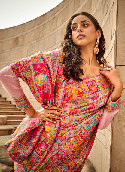 Taffy Pink & Multi-colored Kashmiri Silk Saree with Pink Fancy Blouse