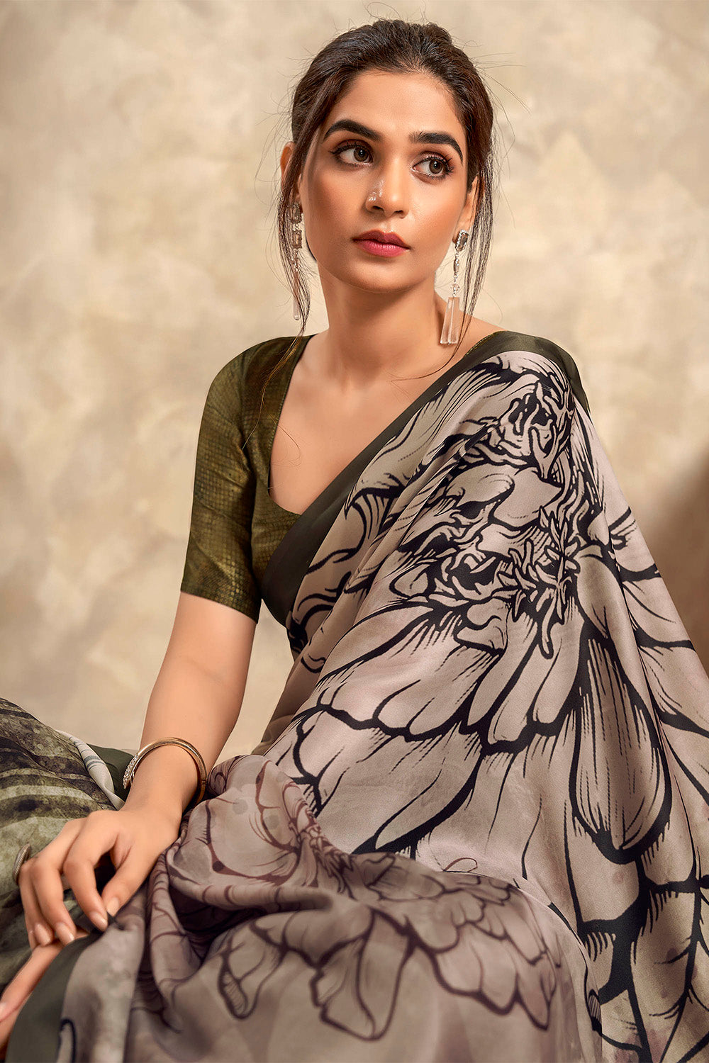 Mink Grey Printed Saree with Army Green Fancy Blouse