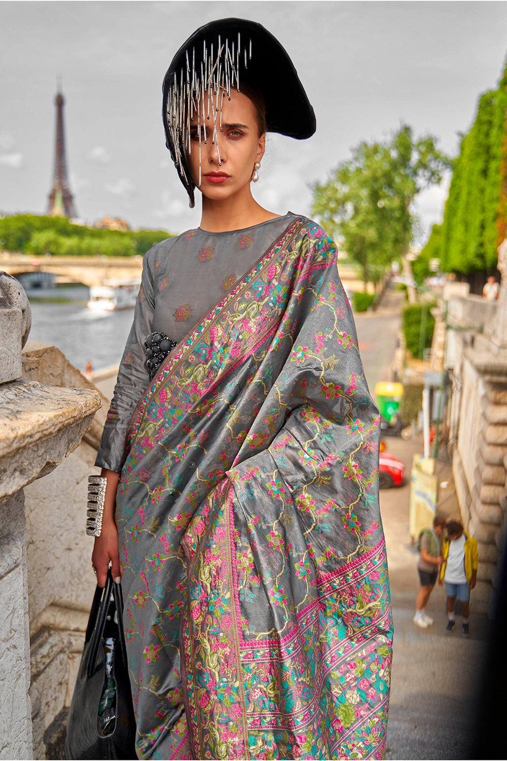 Seal Grey Floral Border Kashmiri Silk Saree with Same Colored Blouse