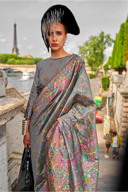 Seal Grey Floral Border Kashmiri Silk Saree with Same Colored Blouse
