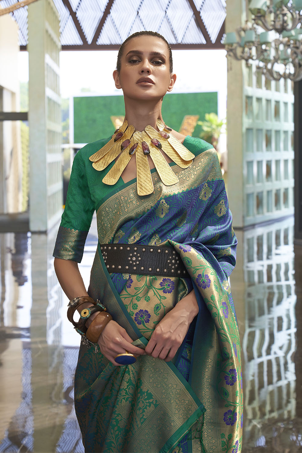 Olympic Blue & Green Shade Banarasi Silk Saree with Green Fancy Blouse